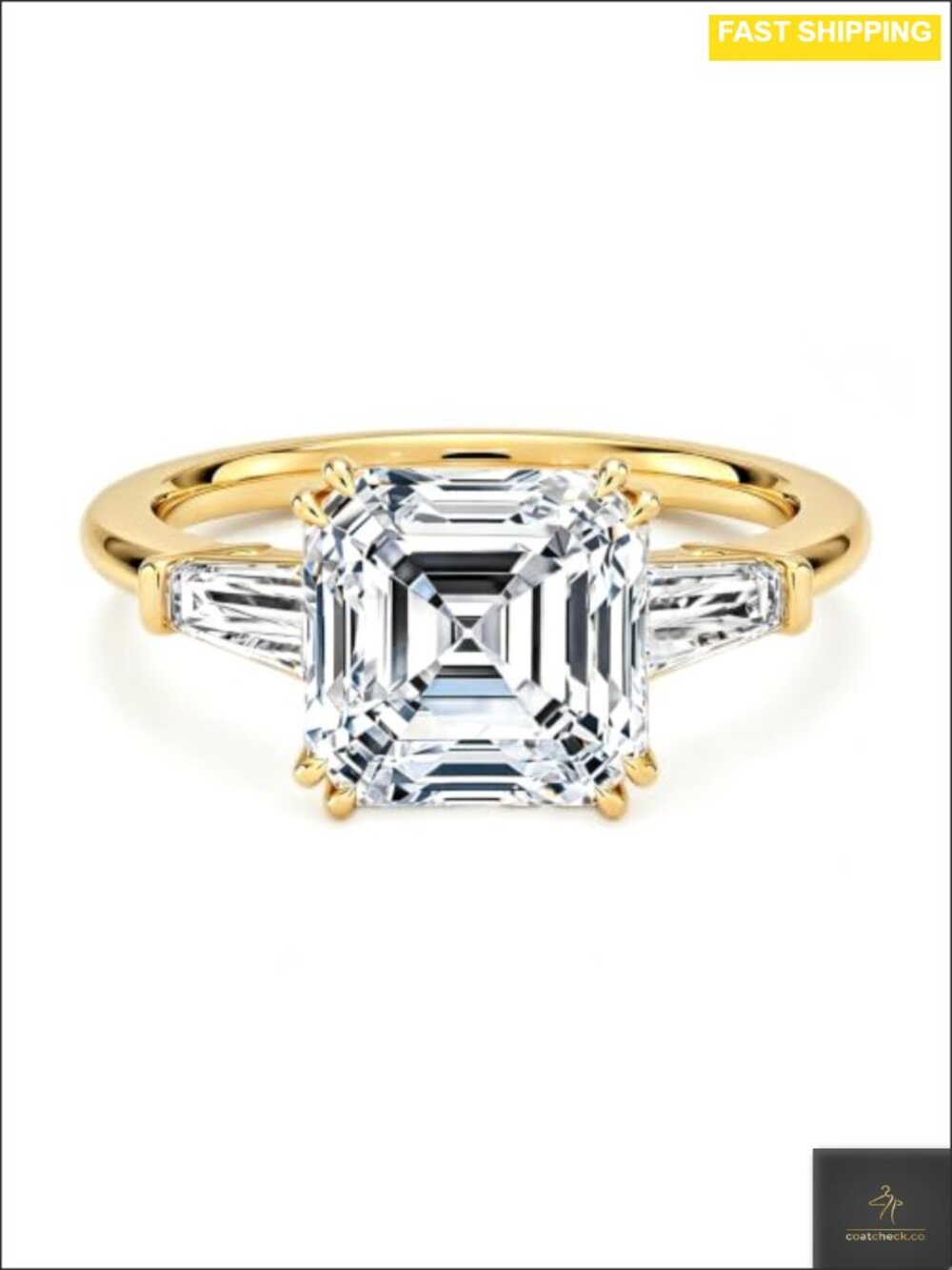 3 Stone Asscher Cut Moissanite Engagement Ring in 18K Gold Plated 925 Sterling